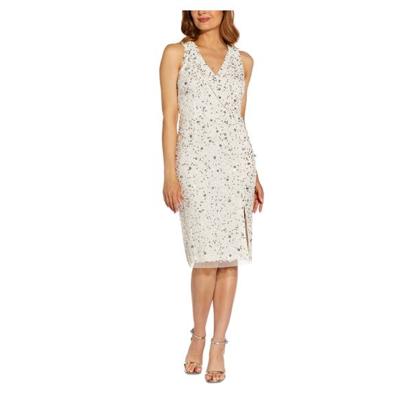 Adrianna Papell Dresses & Skirts - Adrianna Papell Sequined Sleeveless V-Neck Sheath Cocktail Dress White Size 6